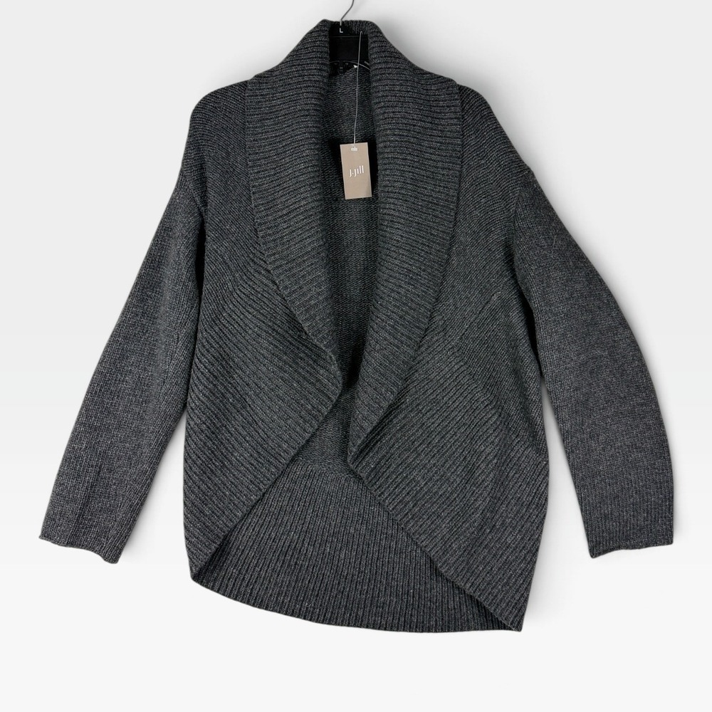 J. Jill Pure Jill Cardigan Sweater Womens M Gray Wool Open Front Ribbed NWT